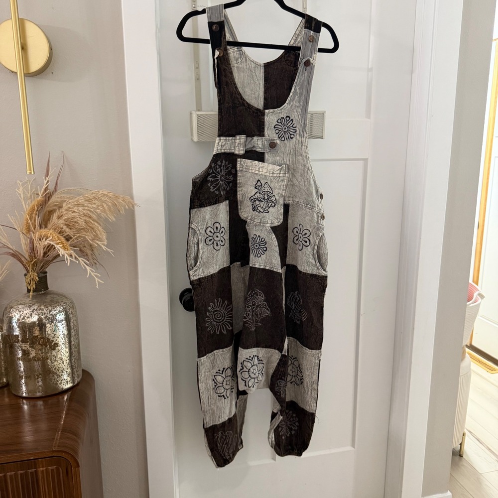 Nepal Cotton Patchwork Mushroom Harem Overalls Brown Grey Boho Hippie Festival S